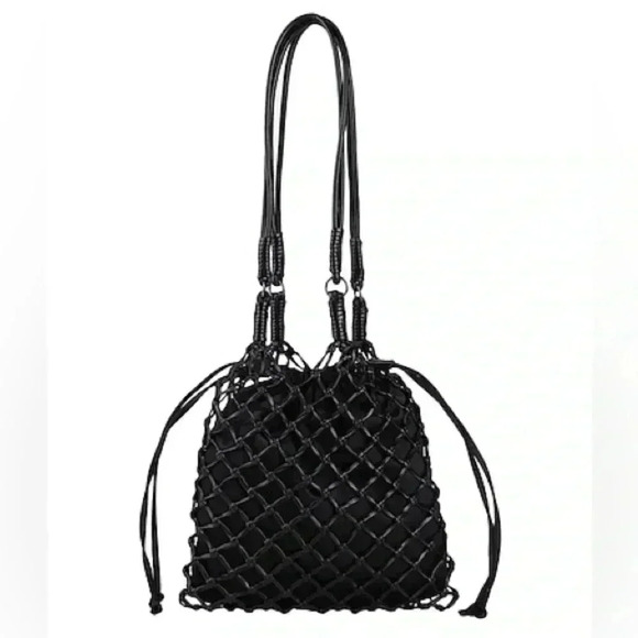 NWOT Top Shop Large Satin PU String Shoulder Tote Bag In Black - Picture 3 of 13